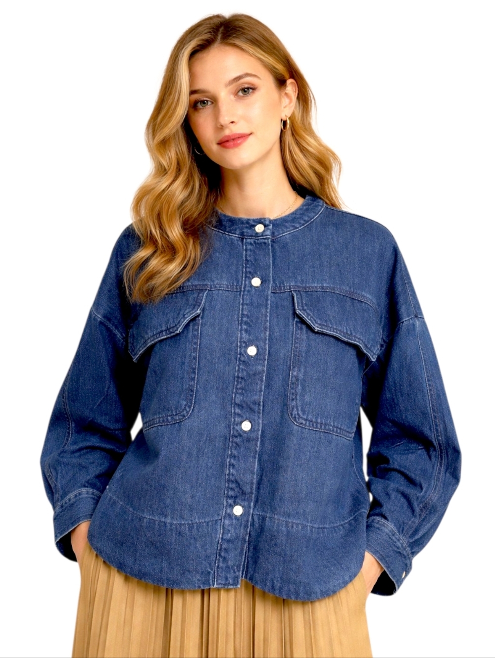 OVERSIZED Cropped Button-Down Denim Shirt.